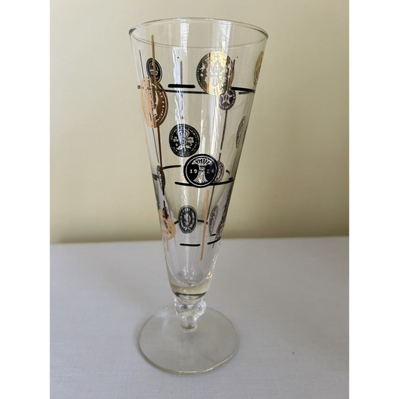 Vintage Libbey Pilsner Beer Glasses Barware 10 oz Coins Black Gold Lot of 7 - Picture 7 of 12